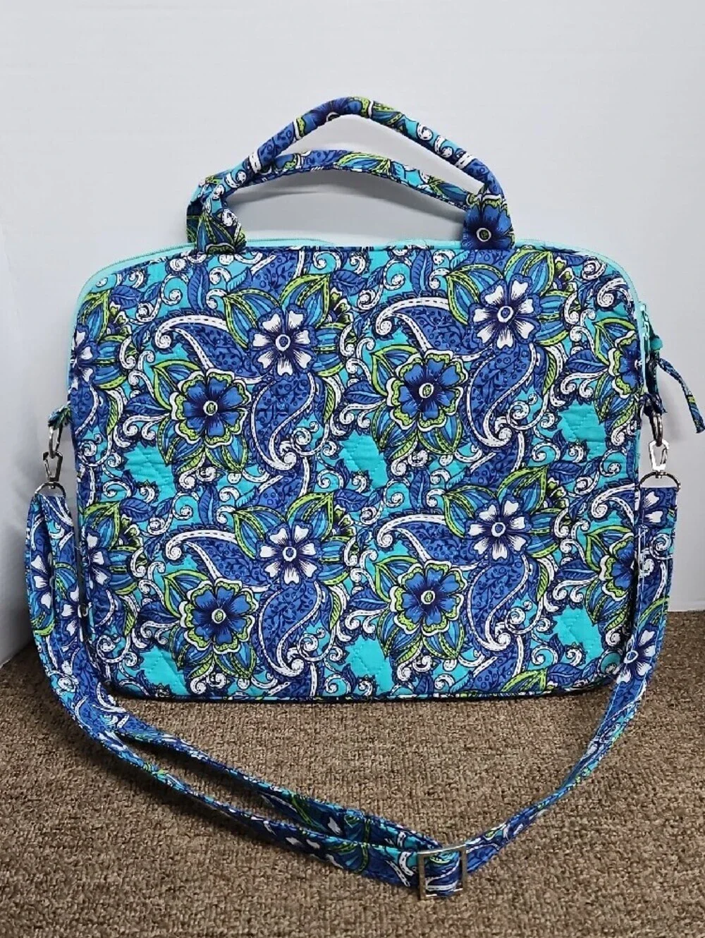 Quilted Floral Laptop Book Tote Bag Blue Turquoise Paisley Floral 16